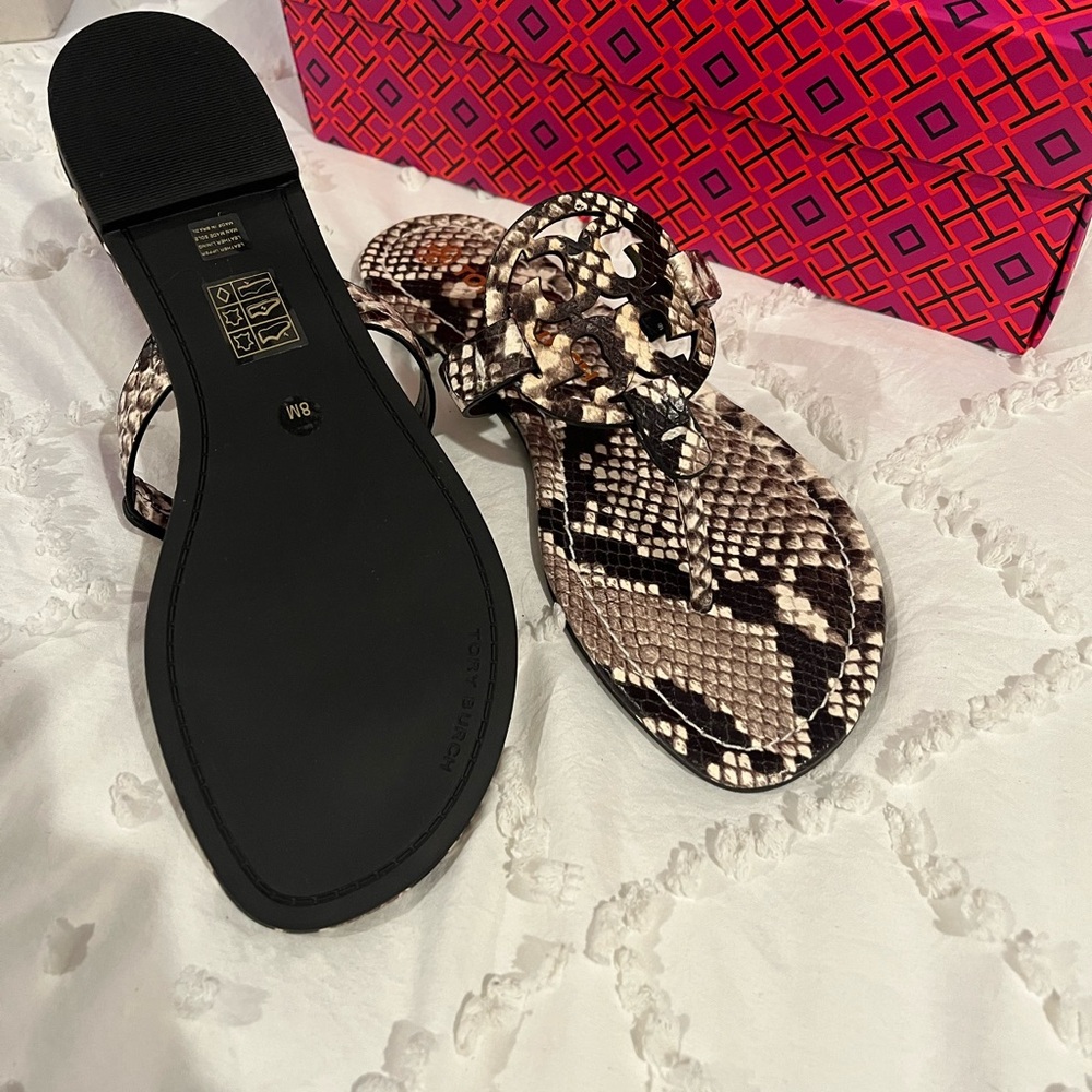 Tory Burch Black and Cream Snakeskin Sandals